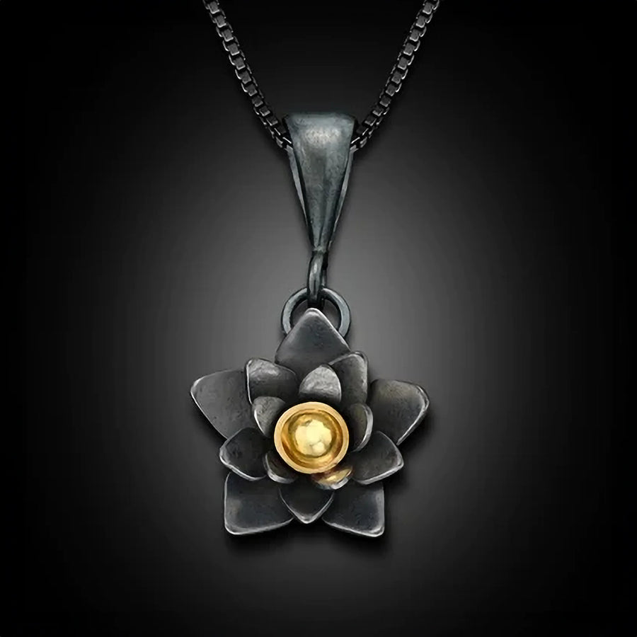 Small Oxidized Silver and 18K Gold Lotus Flower Pendant