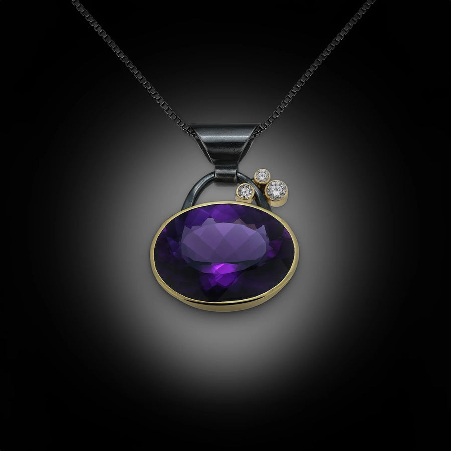 Amethyst 18K Gold, Oxidized Sterling Silver and F, VS Diamond Pendant