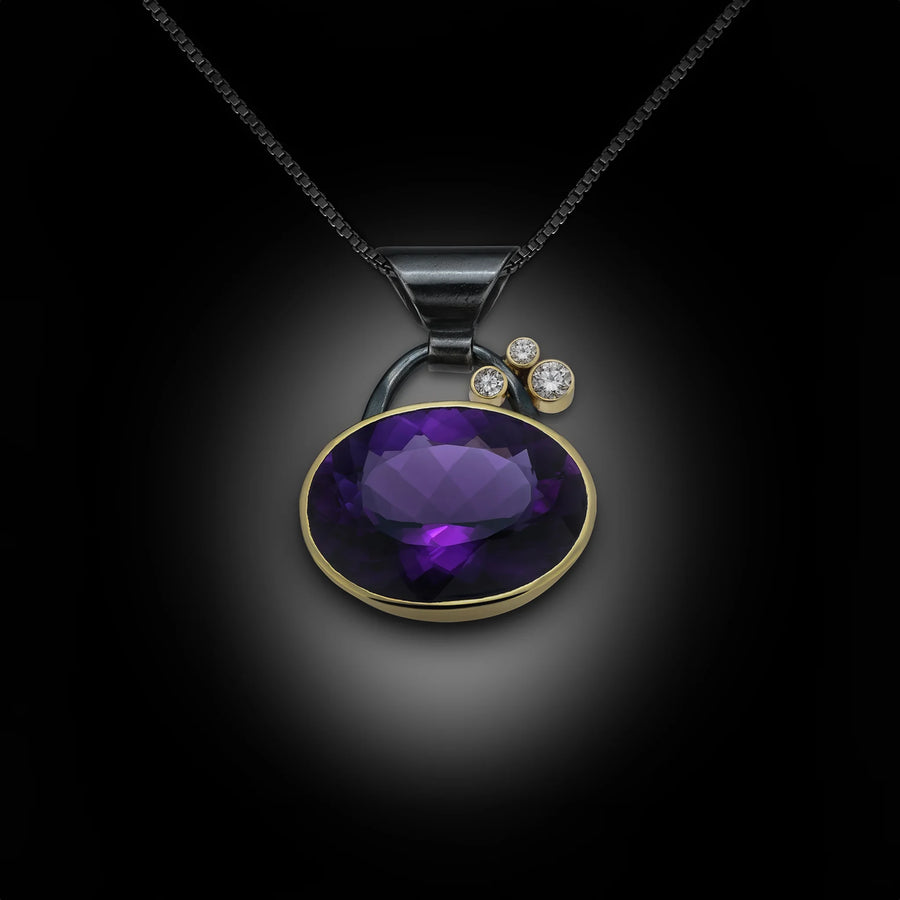 Amethyst 18K Gold, Oxidized Sterling Silver and F, VS Diamond Pendant