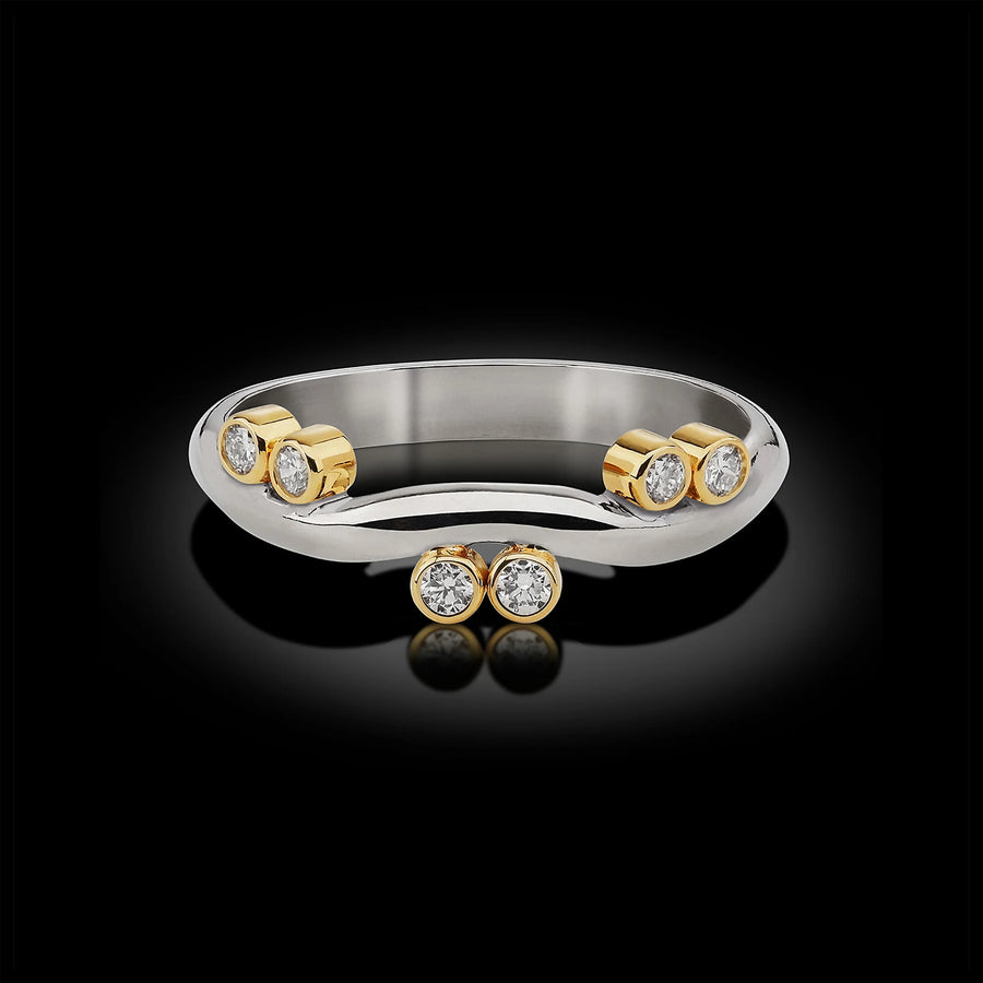 Platinum Wave Ring with Round Center 18 Karat Yellow Gold Diamond Settings
