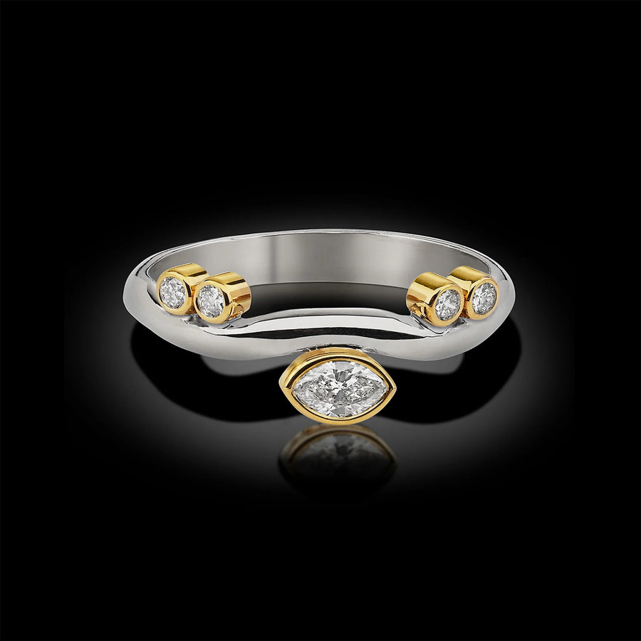 Single Platinum Wave Ring with Marquise Diamond Center and 18 Karat Yellow Gold Settings
