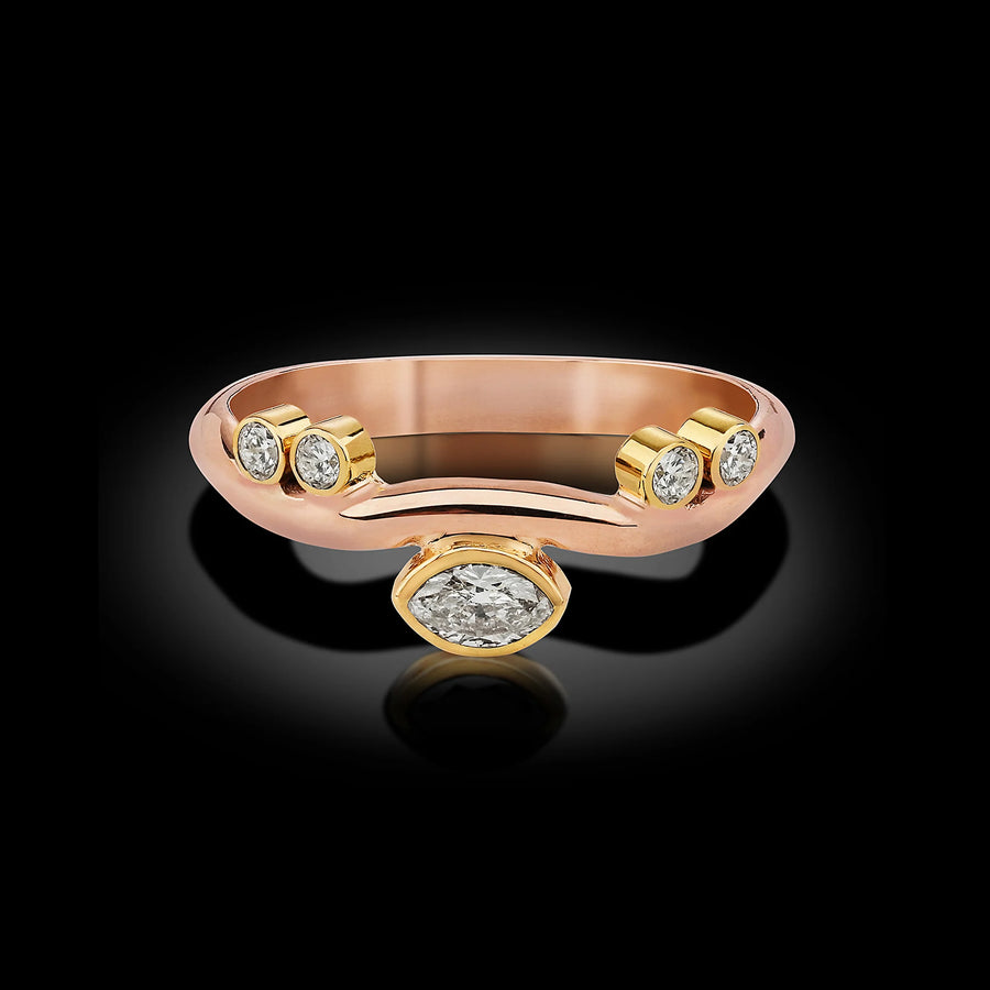 Single 14 Karat Rose Gold Wave Ring with Marquise Diamond Center and 18 Karat Yellow Gold Settings