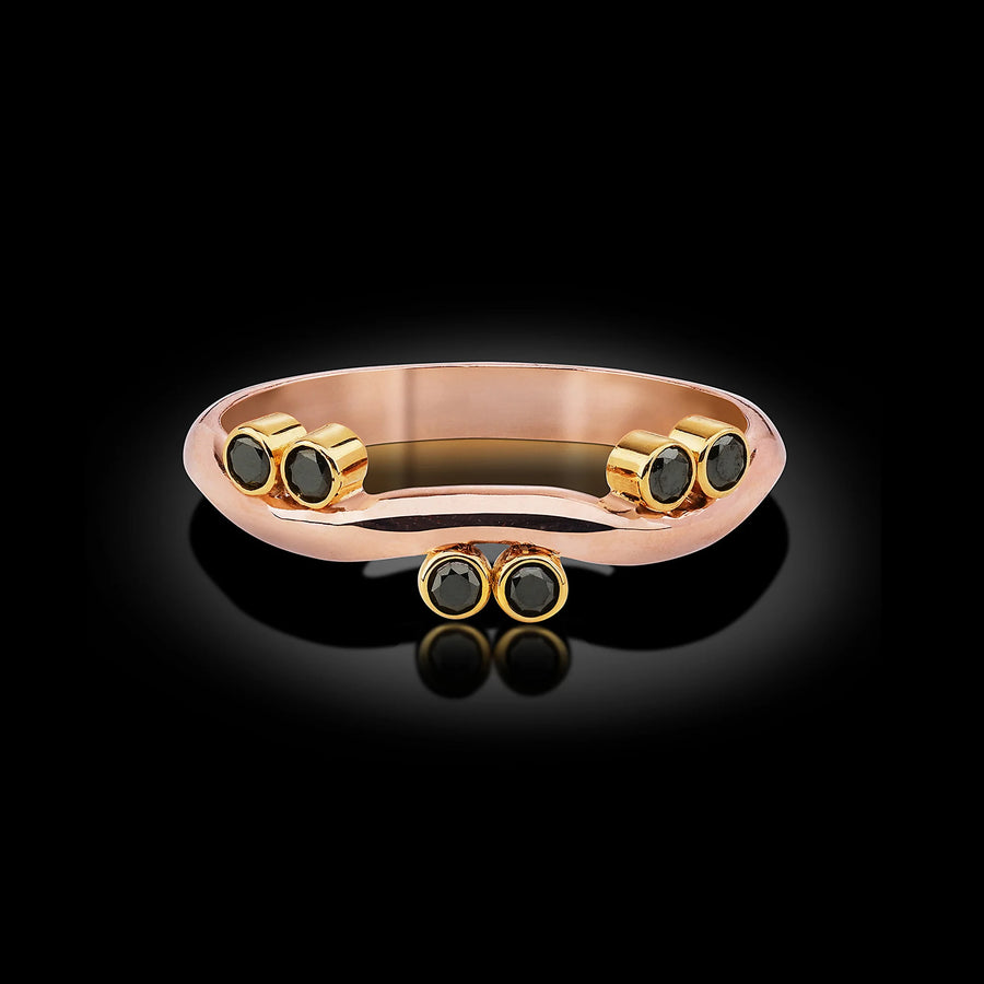 Wave Ring Stack 14 Karat Rose Gold with 18 Karat Yellow Gold Black Diamond Settings