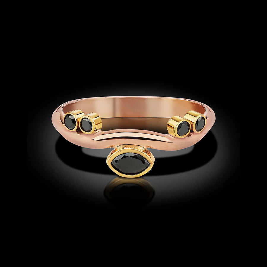 Single 14 Karat Rose Gold Wave Ring with Marquise Black Diamond Center and 18 Karat Yellow Gold Settings