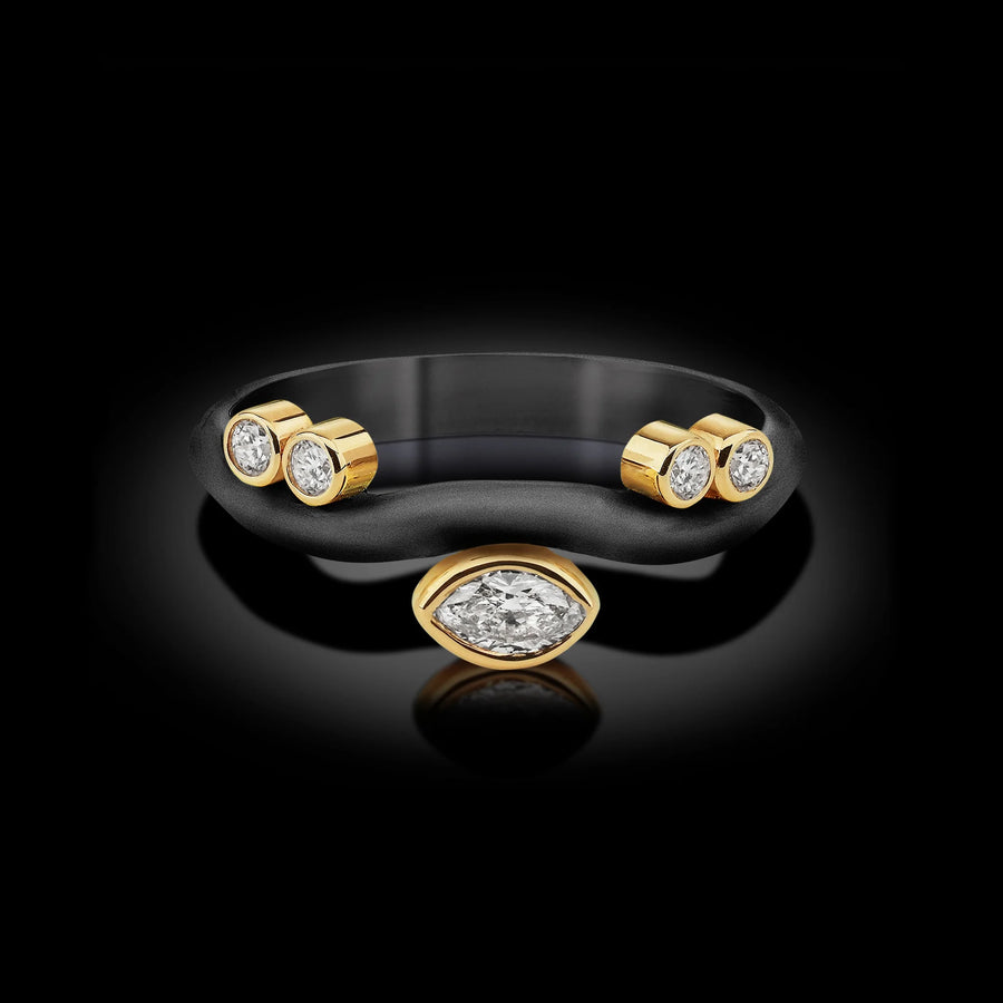 Single Black Sterling Silver Wave Ring with Marquise Center Diamonds in 18 Karat Yellow Gold Settings
