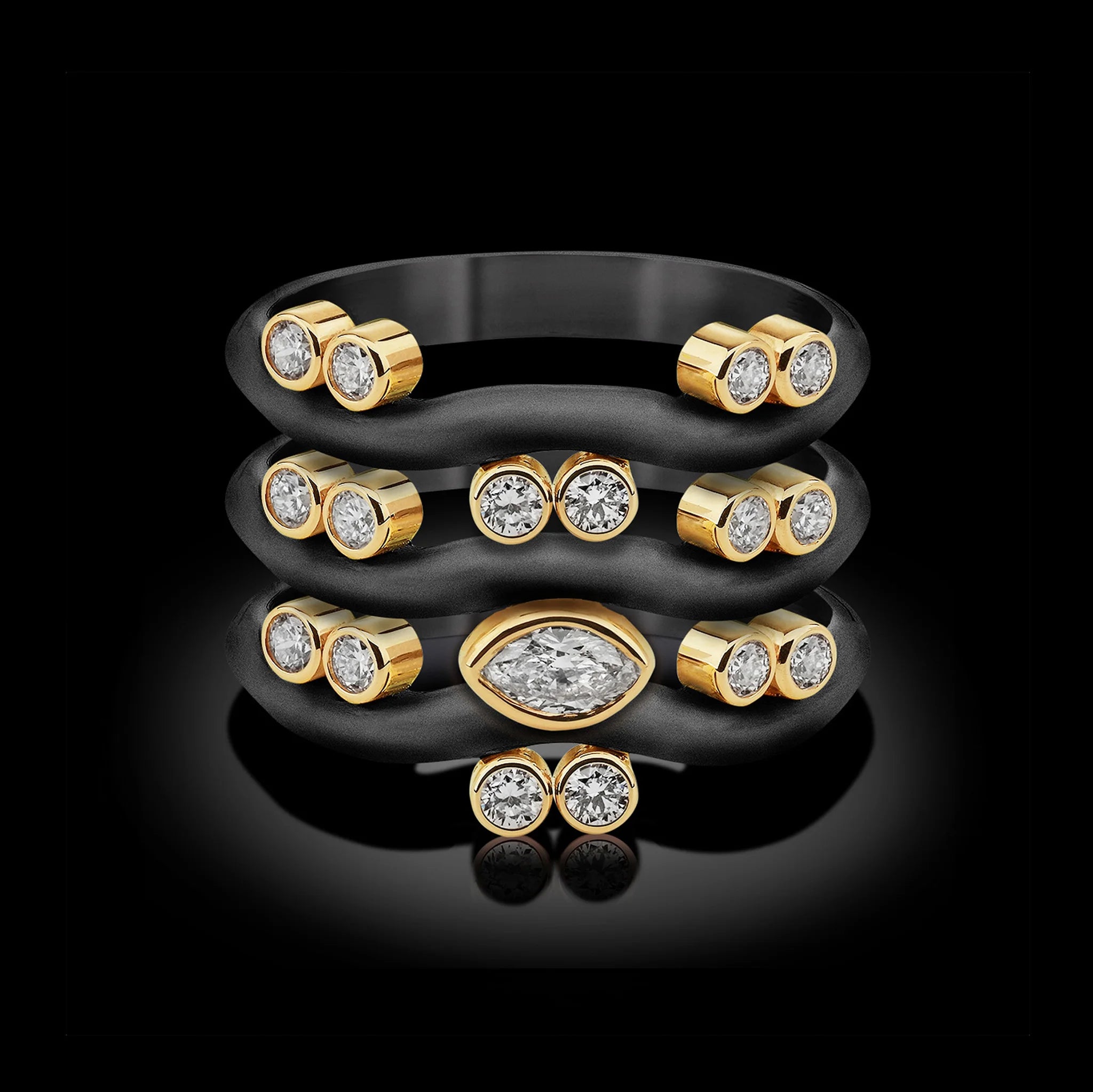 Wave Ring Stack Oxidized Silver with 18 Karat Yellow Gold Settings ...