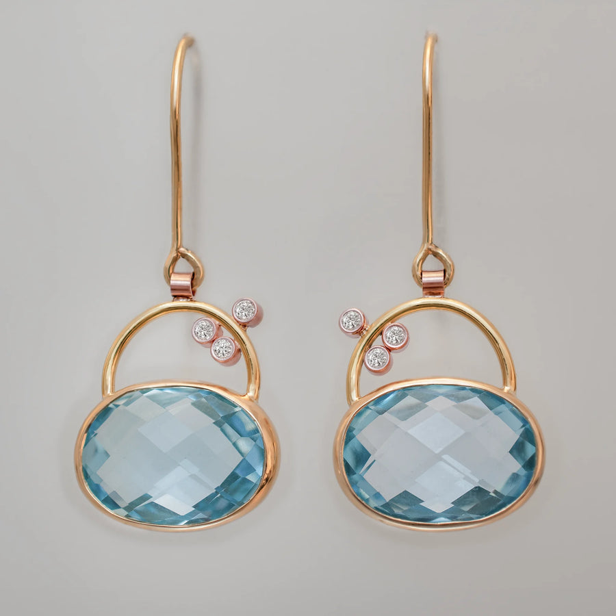 Large Blue Topaz and Diamond Dangle Earrings in 18Karat Yellow Gold and 14Karat Rose Gold
