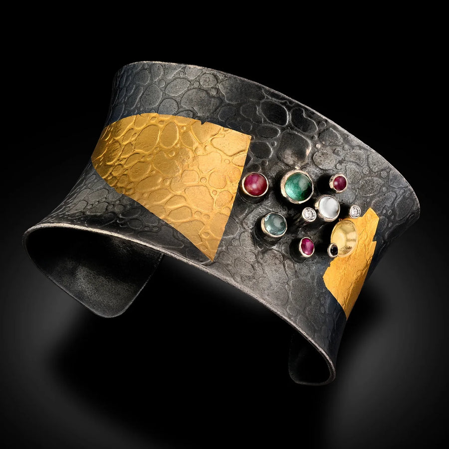 Thick 24 Karat Gold and Oxidized Sterling Silver Cuff With Precious Stones and Diamonds