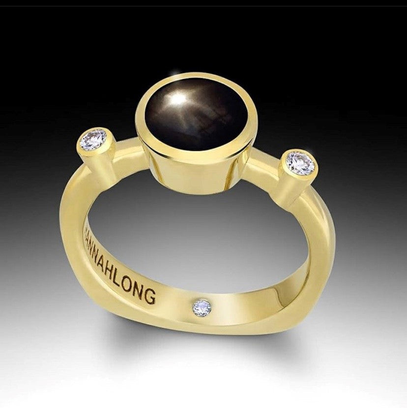18K Green Gold Star Black Sapphire and Diamond Ring