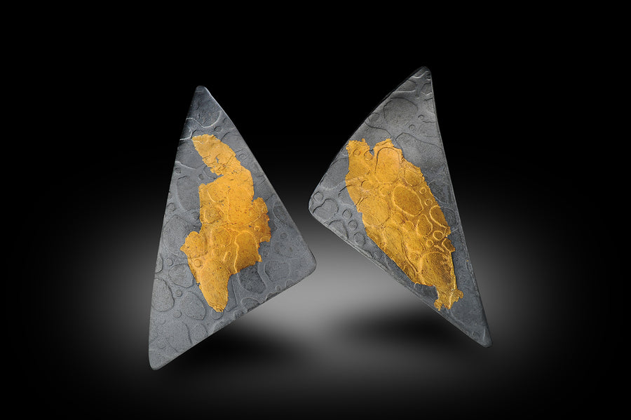 Triangle Oxidized Sterling Silver and Gold Earrings