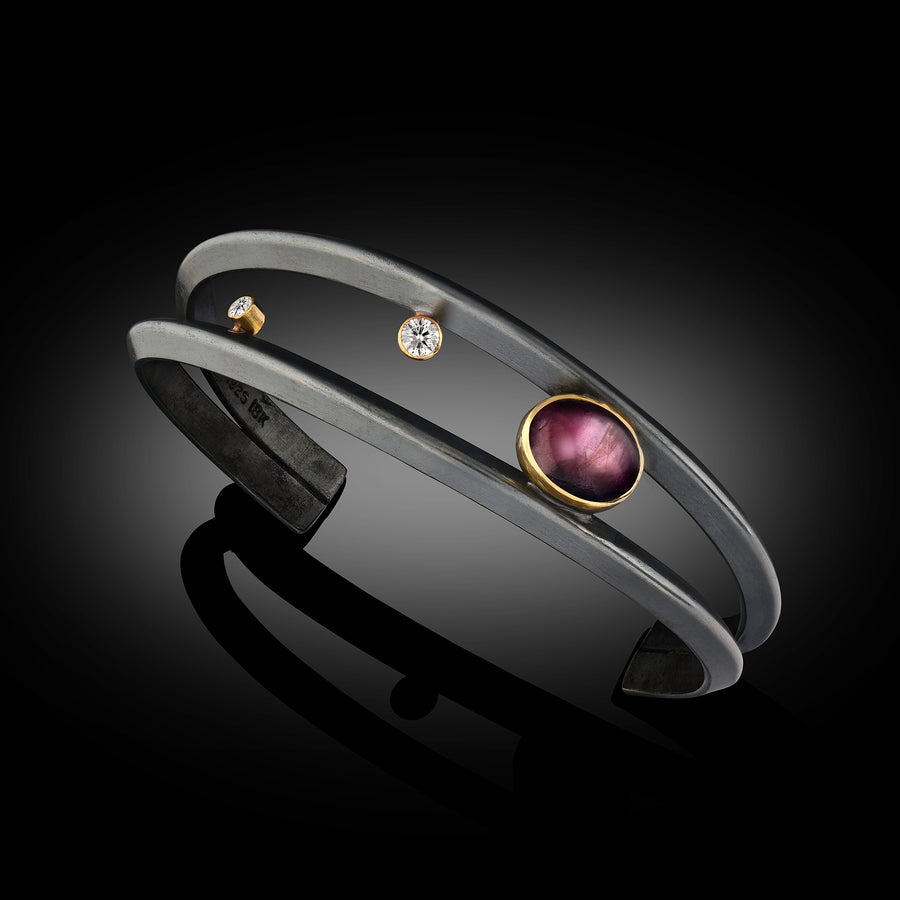 Dual Band Oxidized Sterling Silver, 18K Gold with Star Ruby and F, VS Diamond Cuff