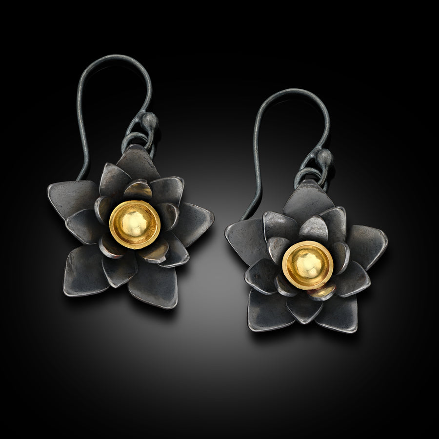 Small Oxidized Sterling Silver and 18K Gold Lotus Flower Dangle Earrings