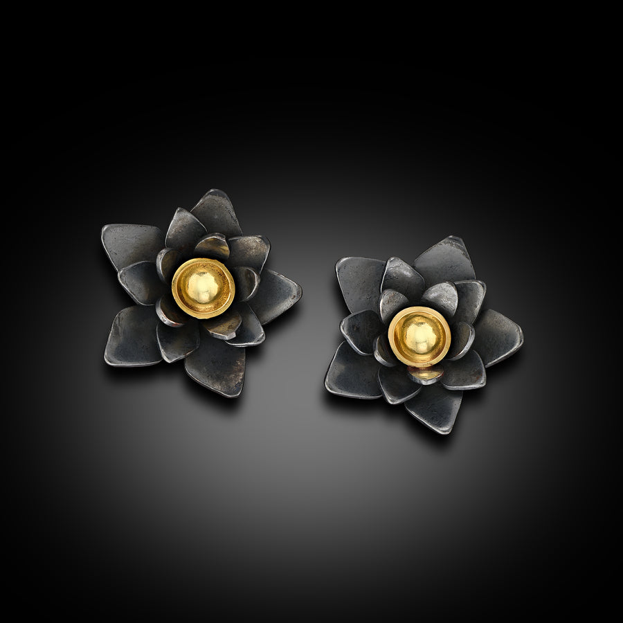 Small Oxidized Sterling Silver and 18K Gold Lotus Flower Stud Earrings